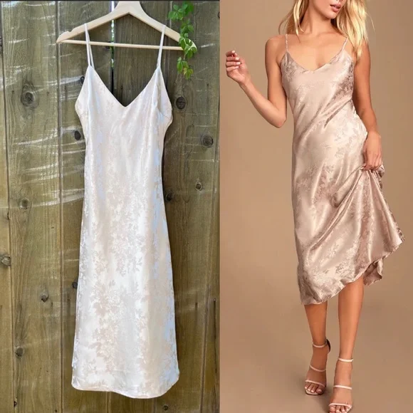Lulus | Dresses | Champagne Floral Jacquard Satin Slip Midi Dress | Poshmark